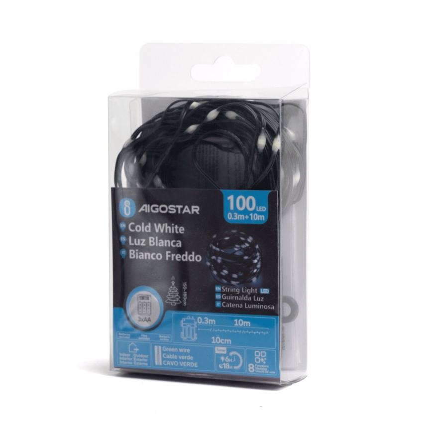 Aigostar - LED Utomhus julbelysning 100xLED/8 funktioner/3xAA 10,3m IP44 kallvit