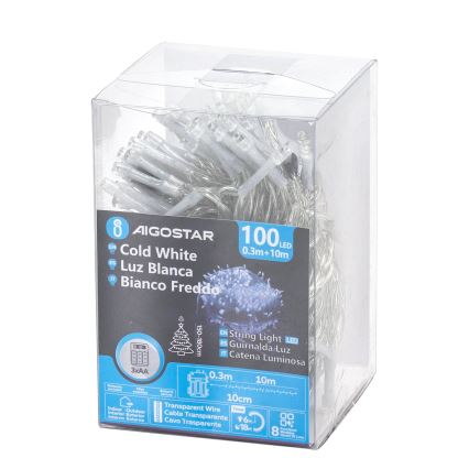Aigostar - LED Utomhus julbelysning 100xLED/8 funktioner/3xAA 10,3m IP44 kallvit