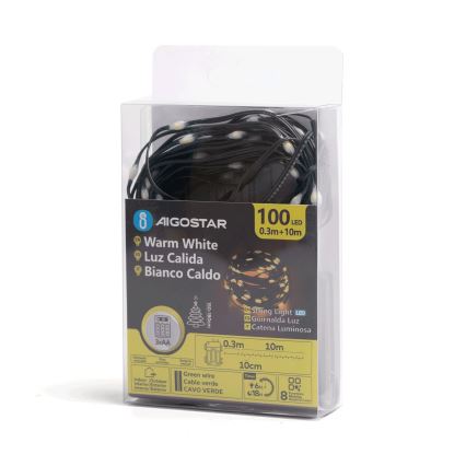 Aigostar - LED Utomhus julbelysning 100xLED/8 funktioner 3xAA 10,3m IP44 varmvit