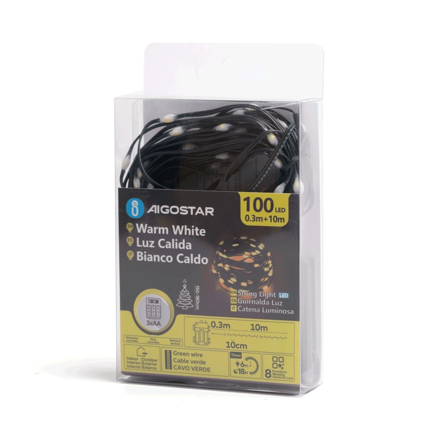 Aigostar - LED Utomhus julbelysning 100xLED/8 funktioner 3xAA 10,3m IP44 varmvit