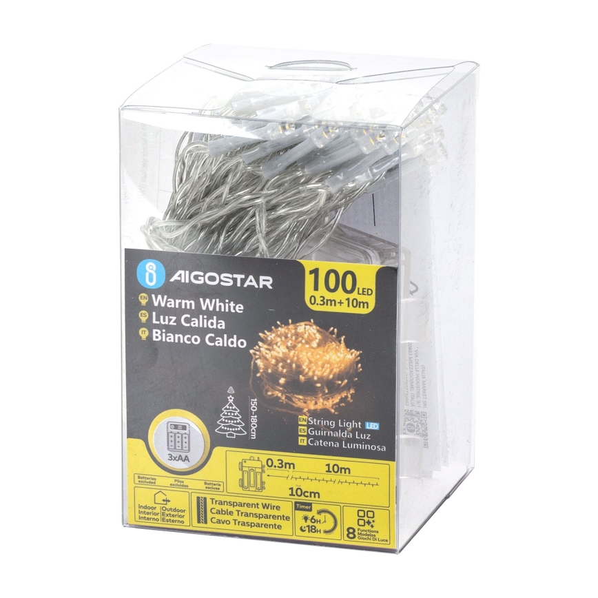 Aigostar - LED Utomhus julbelysning 100xLED/8 funktioner 3xAA 10,3m IP44 varmvit