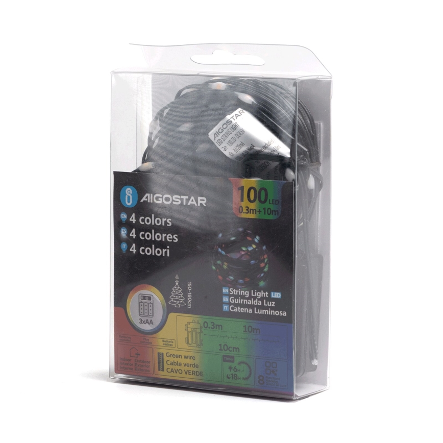 Aigostar-LED Utomhus julbelysning 100xLED/8 funktioner 3xAA 10,3m IP44 multicolor