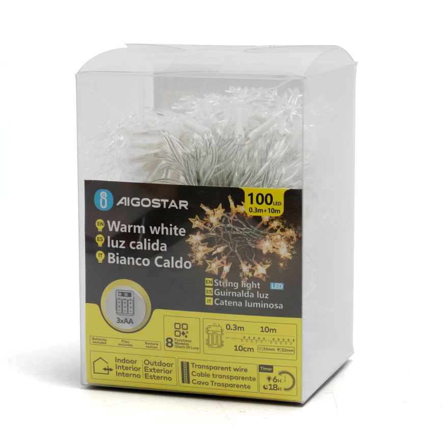 Aigostar - LED ljusslinga för utomhusbruk 100xLED/8 funktioner 3xAA 10m IP44 varmvit stjärnor