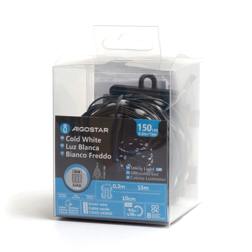 Aigostar - LED Utomhus julbelysning 150xLED/8 funktioner/3xAA 15,3m IP44 kallvit