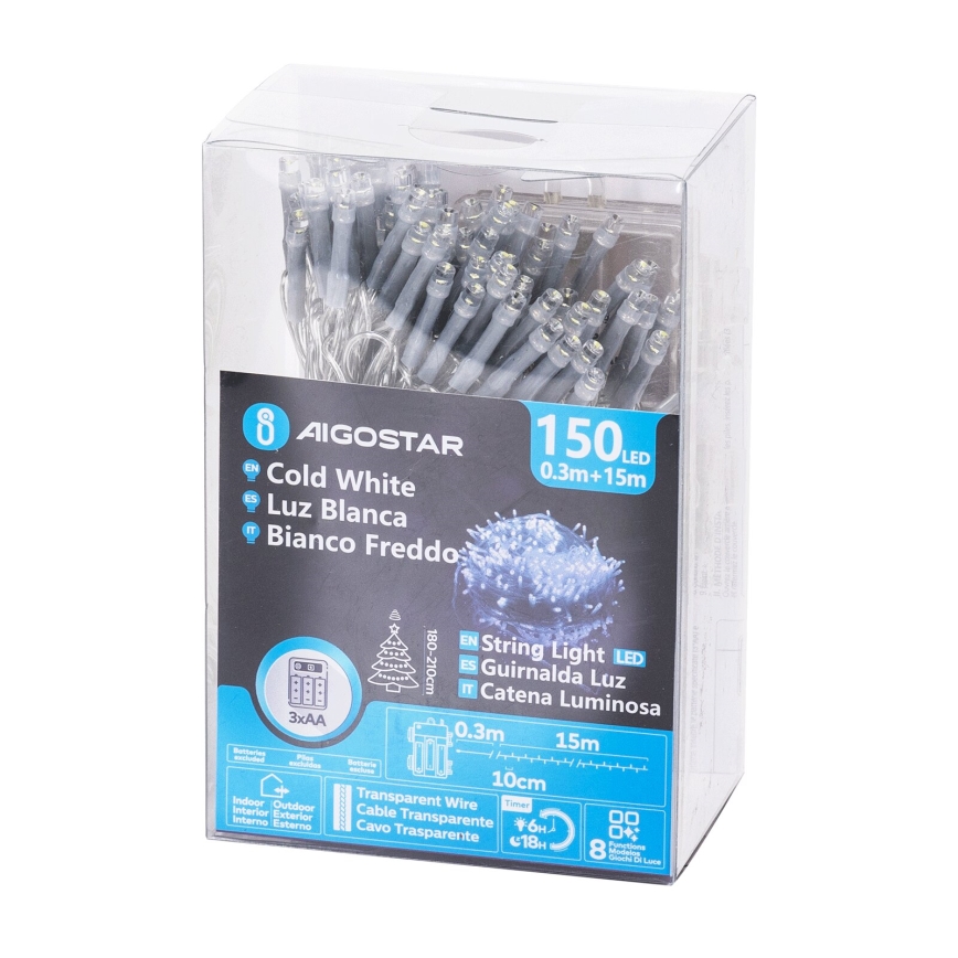 Aigostar - LED utomhus julbelysning 150xLED/8 funktioner 15,3m IP44 kallvit