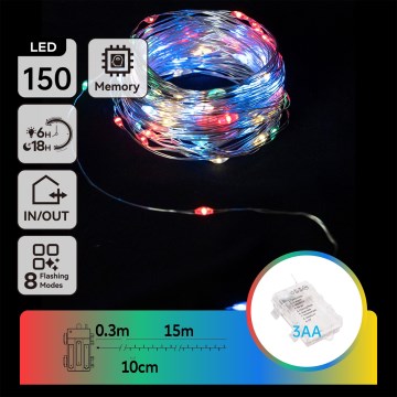 Aigostar - LED Utomhus julbelysning 150xLED/8 funktioner/3xAA 15,3m IP44 multicolor