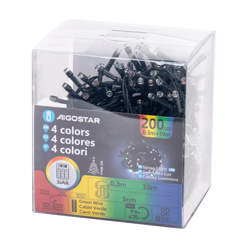 Aigostar - LED Utomhus julbelysning 200xLED/8 funktioner 3xAA 10,3m IP44 multicolor