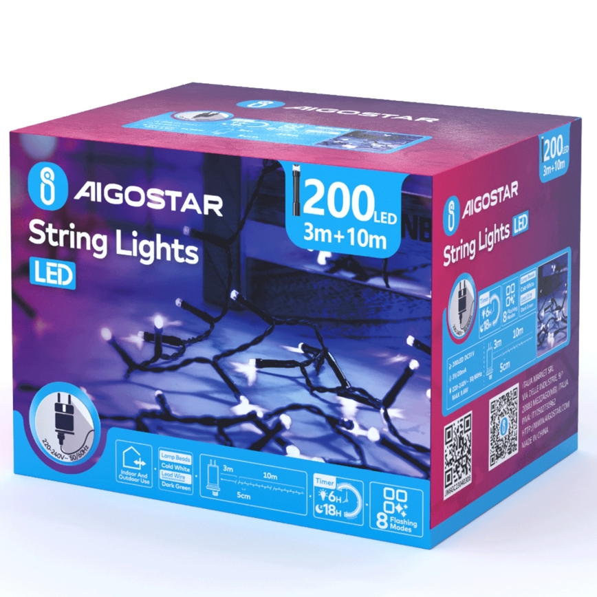 Aigostar - LED Utomhus julbelysning 200xLED/8 funktioner 13m IP44 kallvit