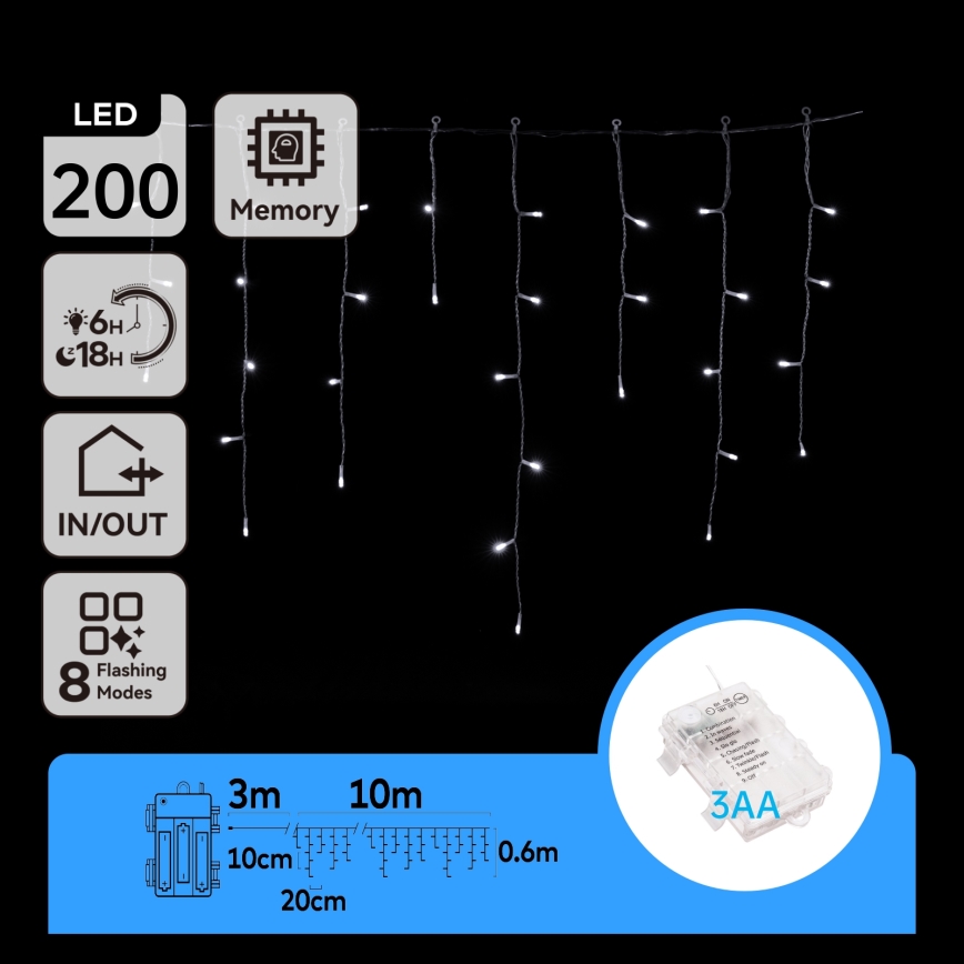 Aigostar - LED utomhus julbelysning 200xLED/8 funktioner 3xAA 13x0,6m IP44 kallvit