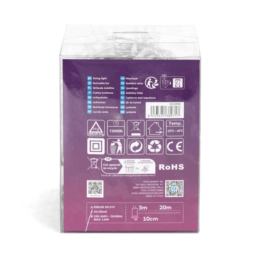 Aigostar - LED utomhus julbelysning 200xLED/8 funktioner 23m IP44 kallvit