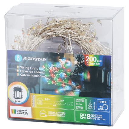 Aigostar - LED utomhus julbelysning 200xLED/8 funktioner 3xAA 6,3m IP44 flerfärgad