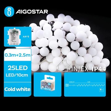 Aigostar - LED Utomhus julbelysning 25xLED/3xAA/8 funktioner 2,8 m IP44 kallvit