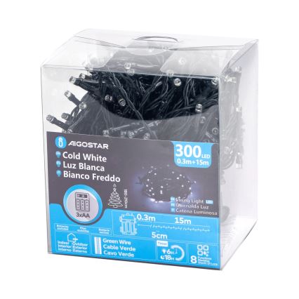 Aigostar - LED Utomhus julbelysning 300xLED/8 funktioner 15,3m IP44 kallvit