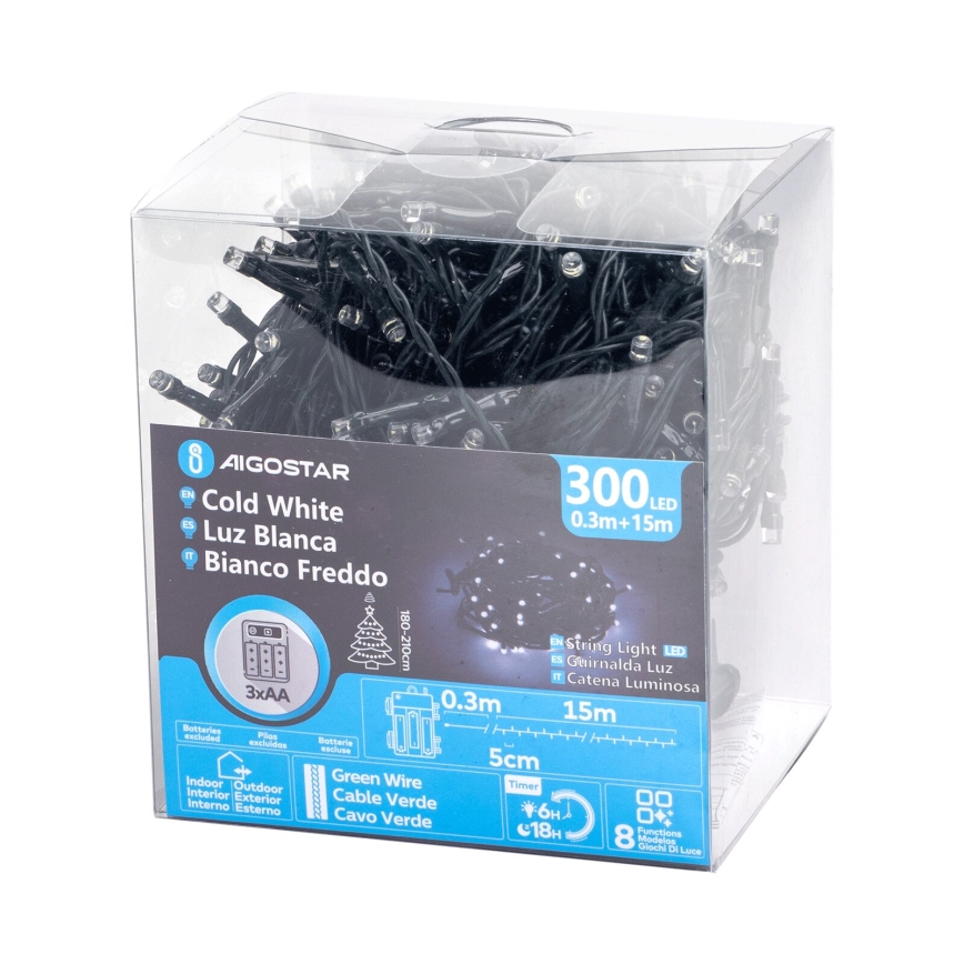 Aigostar - LED Utomhus julbelysning 300xLED/8 funktioner 15,3m IP44 kallvit