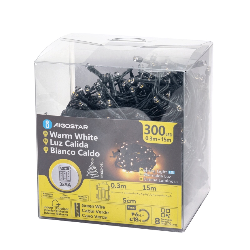 Aigostar-LED Utomhus julbelysning 300xLED/8 funktioner 3xAA 15,3m IP44 varmvit