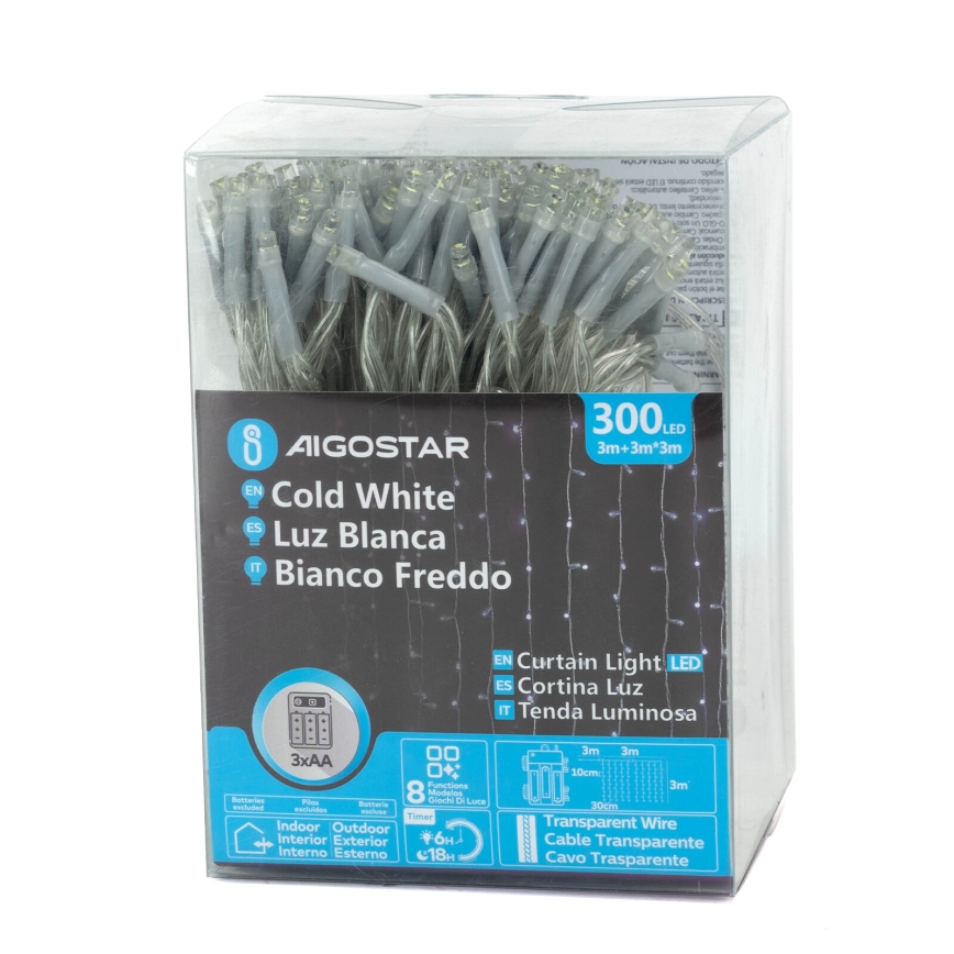 Aigostar-LED Utomhus julbelysning 300xLED/8 funktioner 3xAA 6x2m IP44 kallvit