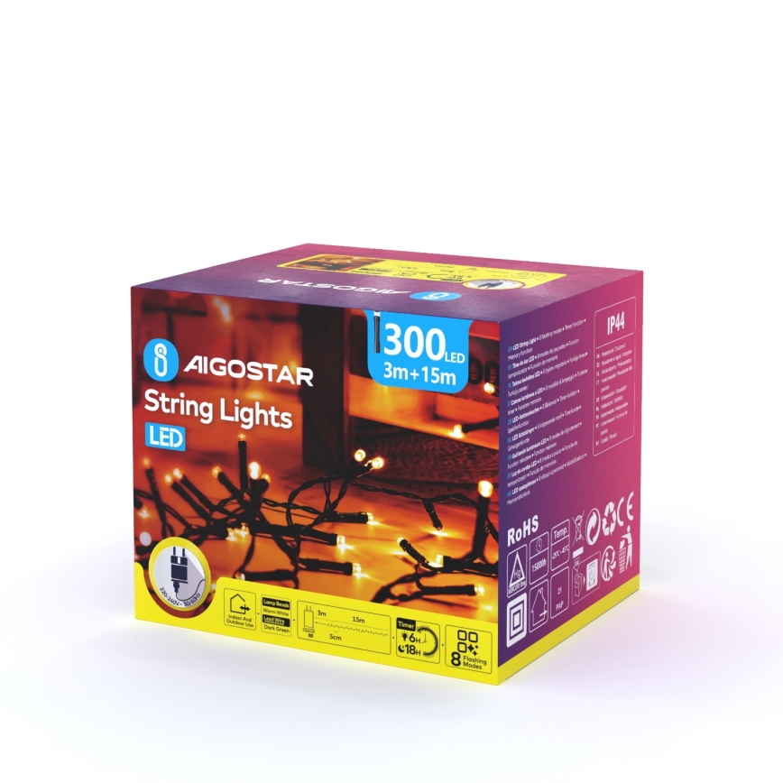 Aigostar - LED Utomhus julbelysning 300xLED/8 funktioner 18m IP44 varmvit