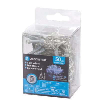 Aigostar - LED Utomhus julbelysning 50xLED/8 funktioner 3xAA 5,3m IP44 kallvit