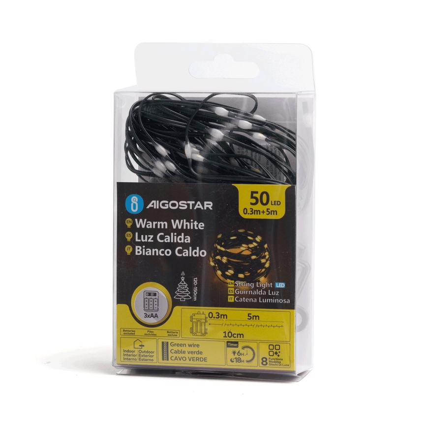 Aigostar - LED Utomhus julbelysning 50xLED/8 funktioner 3xAA 5,3m IP44 varmvit