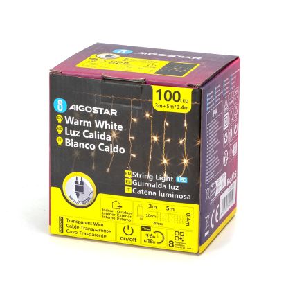 Aigostar - LED utomhus julbelysning, ljusslinga 100xLED/8 funktioner 8x0,4m IP44 varmvit