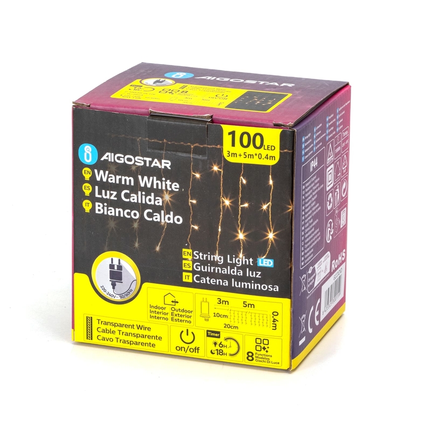 Aigostar - LED utomhus julbelysning, ljusslinga 100xLED/8 funktioner 8x0,4m IP44 varmvit