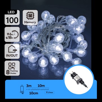 Aigostar - LED utomhus julbelysning, ljusslinga 100xLED/8 lägen 13m IP44 kallvit