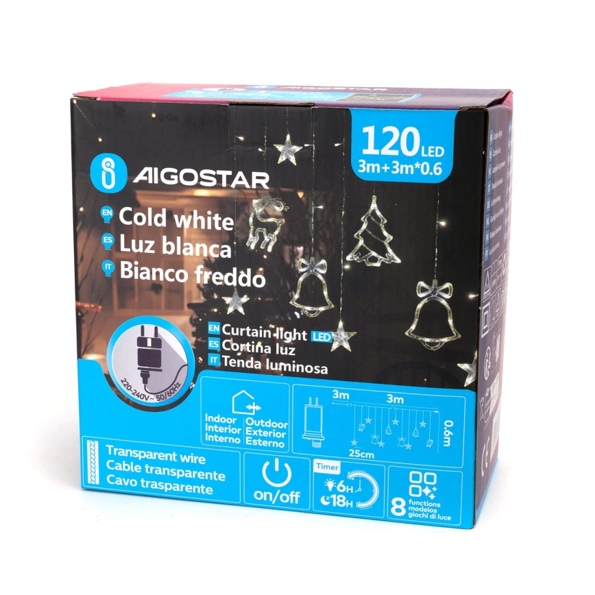 Aigostar - LED utomhusjulslinga, 120 LED, 8 funktioner, 3 × 0,6 m, IP44, kallvit, med fjärrkontroll