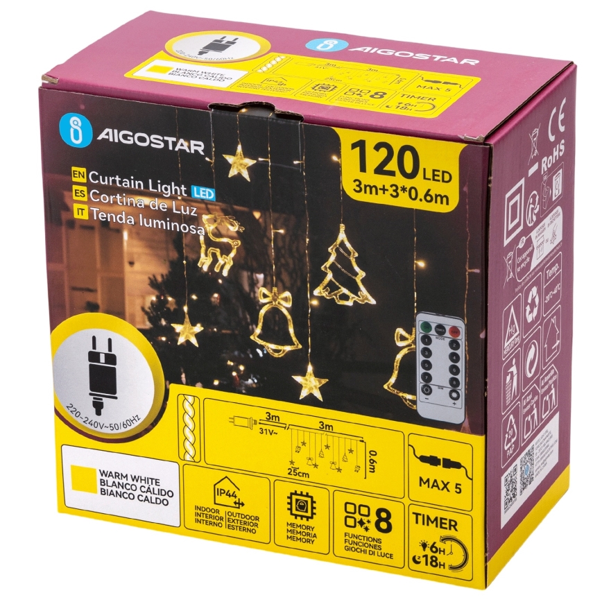 Aigostar - LED utomhus julslinga 120xLED/8 funktioner 3x0,6m IP44 varmvit + fjärrkontroll