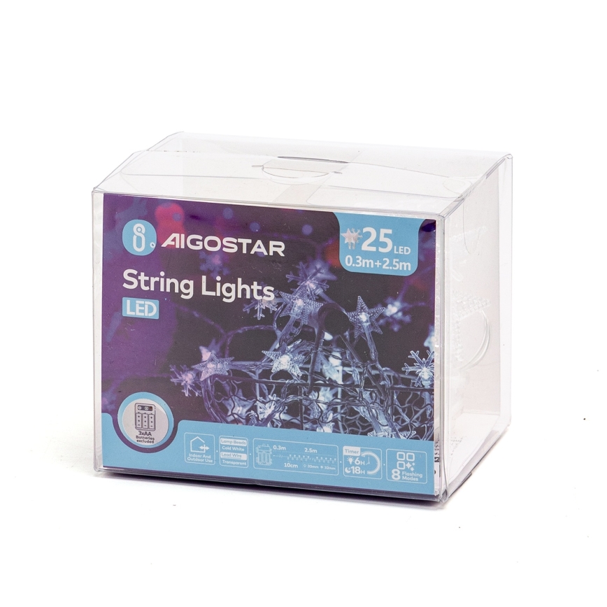 Aigostar - LED utomhusslinga för jul 25xLED/8 funktioner 3xAA 2,5 m IP44 kallvit