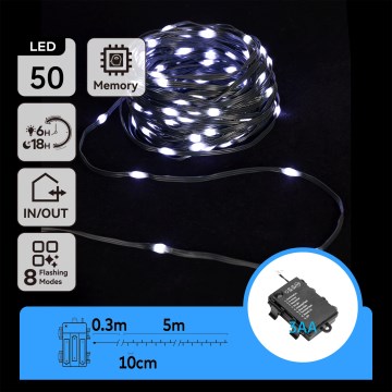Aigostar -LED Utomhus julbelysning ljusslinga 50xLED/8 funktioner 3xAA 5,3m IP44 kallvit