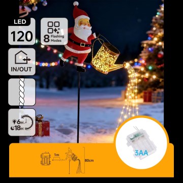 Aigostar - LED utomhus juldekoration 120xLED/3xAA/8 funktioner 80 cm IP44 Santa/varmvit