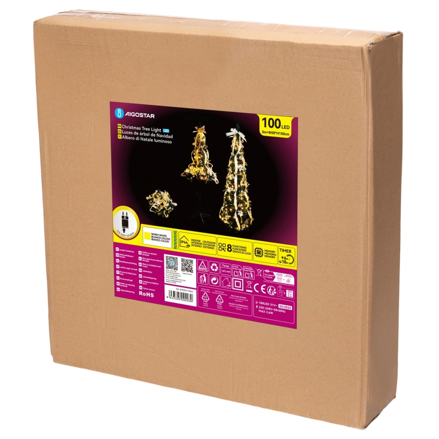 Aigostar - LED utomhusjulgran 100 LED 1,5 m IP44 vit/guld varmvit