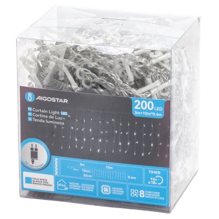 Aigostar - LED utomhusslinga för jul 200xLED/3,6W/230V/8 funktioner 10x0,4m IP44 kallvit