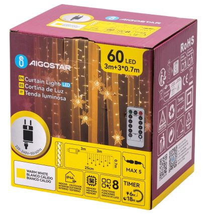 Aigostar - LED-slinga för utomhusbruk, 120 LED, 8 funktioner, 3 x 0,7 m, IP44, varmvit + fjärrkontroll