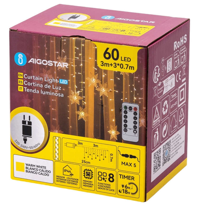 Aigostar - LED-slinga för utomhusbruk, 120 LED, 8 funktioner, 3 x 0,7 m, IP44, varmvit + fjärrkontroll