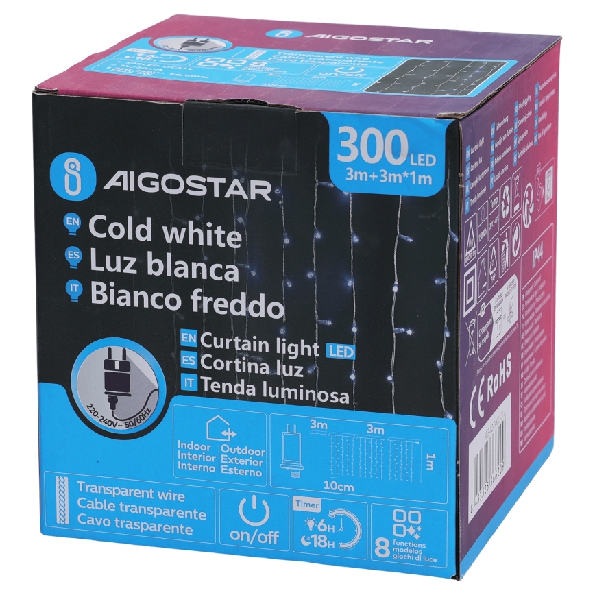 Aigostar - LED utomhus julslinga 300xLED/8 funktioner 3x1m IP44 kallvit + fjärrkontroll