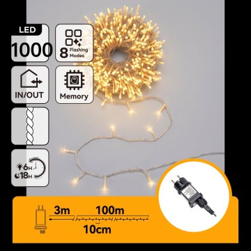 Aigostar - LED utomhus julslinga 1000xLED/8 funktioner 103m IP44 varmvit