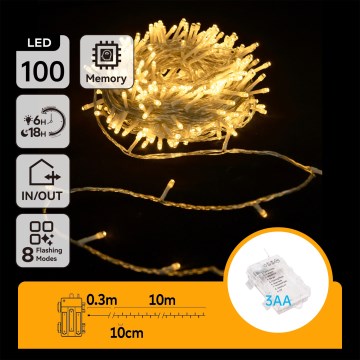 Aigostar -LED utomhus julslinga 100xLED/8 funktioner 3xAA 10,3 m IP44 varmvit