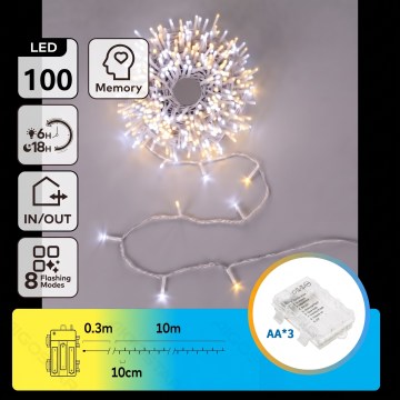 Aigostar - LED utomhus julslinga 100xLED/8 funktioner 3xAA 10,3 m IP44 varmvit/kallvit