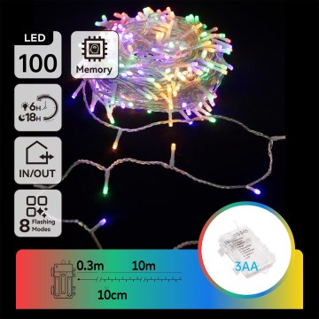 Aigostar - LED utomhus julslinga 100xLED/8 funktioner 3xAA 10,3m IP44 flerfärgad