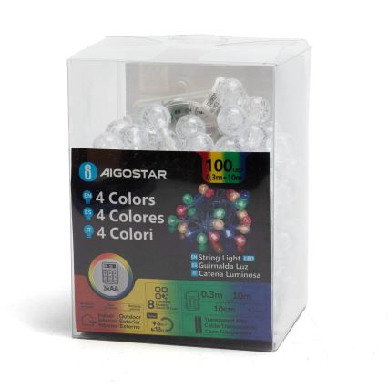 Aigostar - LED-utomhusslinga för jul 100 LED / 8 funktioner, 3x AA, 10,3 m, IP44, flerfärgad