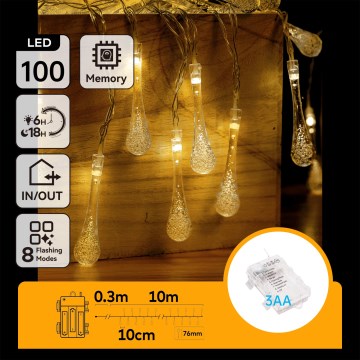 Aigostar - LED utomhus julslinga 100xLED/8 funktioner 3xAA 10 m IP44 varmvit droppformade