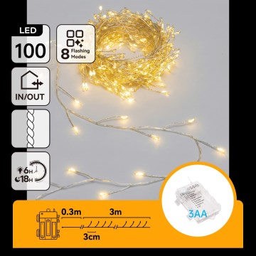 Aigostar - LED utomhus julslinga 100xLED/8 funktioner 3xAA 3,3m IP44 varmvit