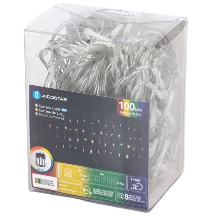 Aigostar-LED Utomhus julslinga 100xLED/8 funktioner 3xAA 8x0,4m IP44 flerfärgad