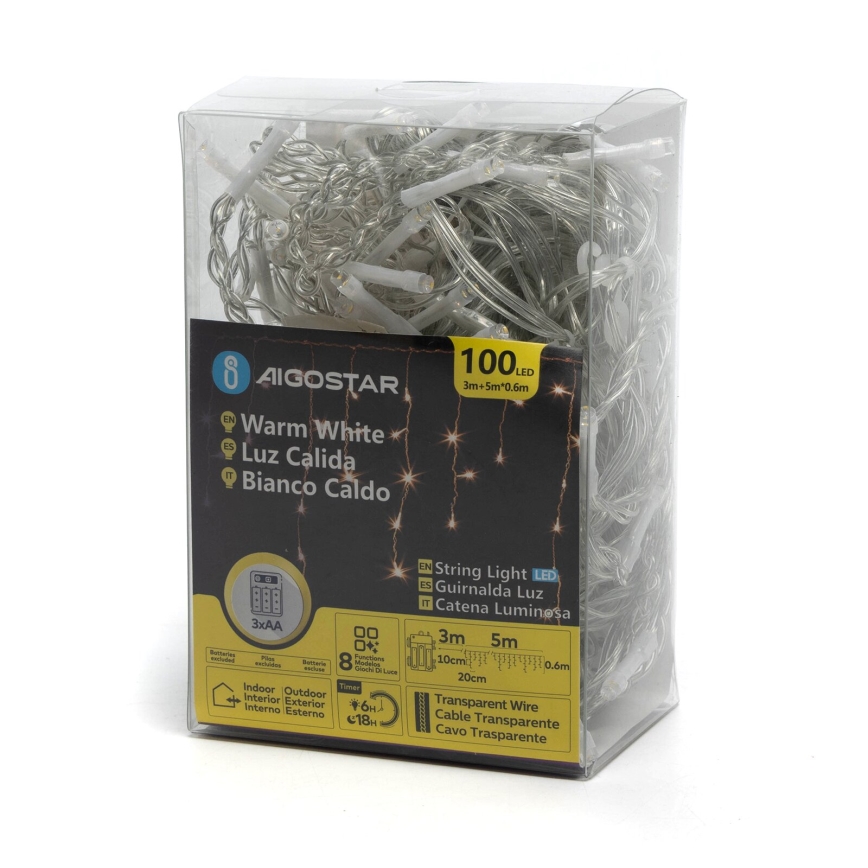 Aigostar - LED utomhusslinga för jul 100xLED/8 funktioner 3xAA 8x0,6 m IP44 varmvit