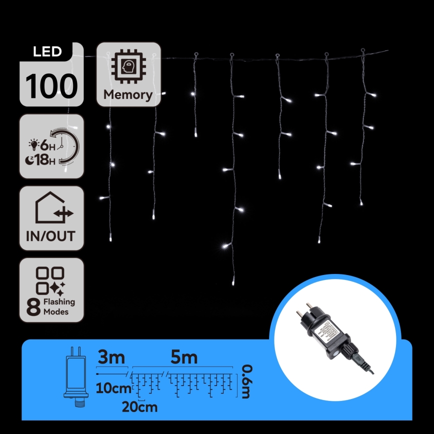 Aigostar - LED utomhus julslinga 100xLED/8 funktioner 8x0,6m IP44 kallvit