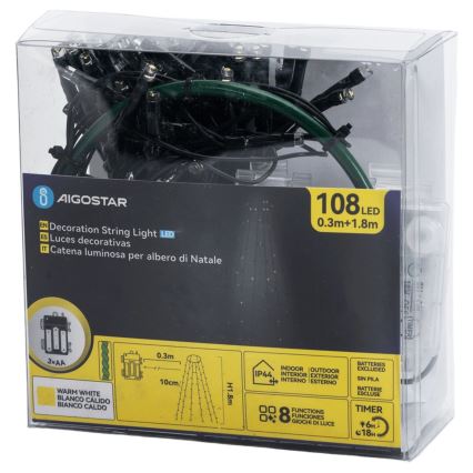 Aigostar - LED utomhus julslinga 108xLED/8 funktioner 3xAA 1,8m IP44 varmvit