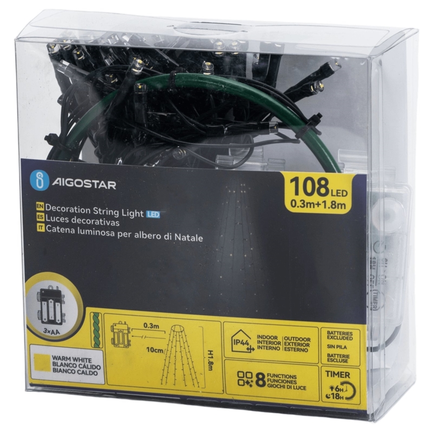 Aigostar - LED utomhus julslinga 108xLED/8 funktioner 3xAA 1,8m IP44 varmvit