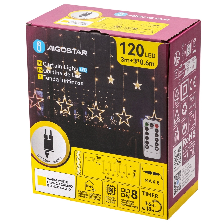 Aigostar - LED utomhusslinga för jul 120 LED/8 funktioner 3 x 0,6 m IP44 varmvit + fjärrkontroll