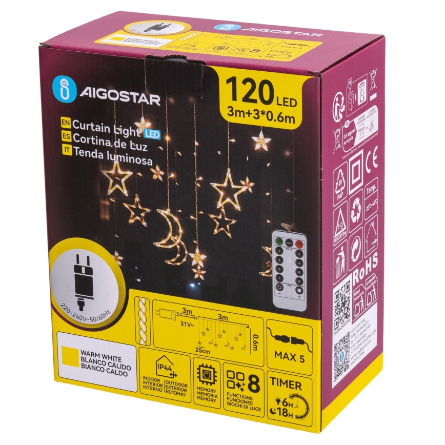 Aigostar - LED-julslinga för utomhusbruk 120 LED/6W/230V/8 funktioner/3x0,6 m/IP44/varmvit + fjärrkontroll